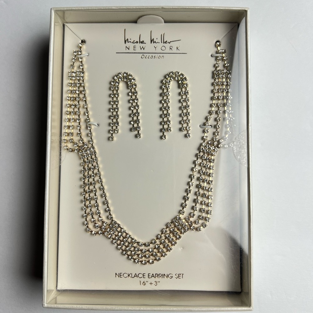 Nicole Miller Occasion Rhinestone Gold Tone Jewelry Necklace Earring Set New